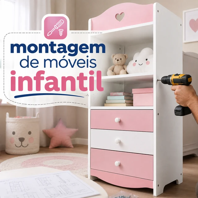 Montagem de móvel infantil branco e rosa em quarto de criança